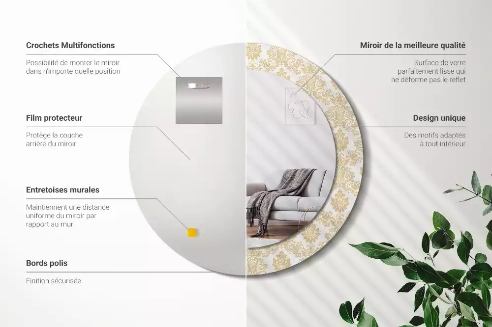 Lustro z okrągłą ramą ozdobioną nadrukiem w barokowym wzorze