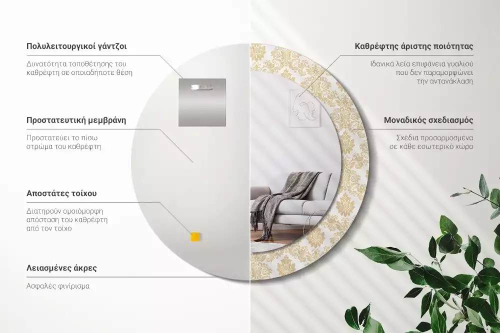 Lustro z okrągłą ramą ozdobioną nadrukiem w barokowym wzorze