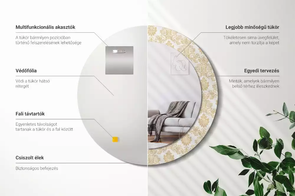 Lustro z okrągłą ramą ozdobioną nadrukiem w barokowym wzorze