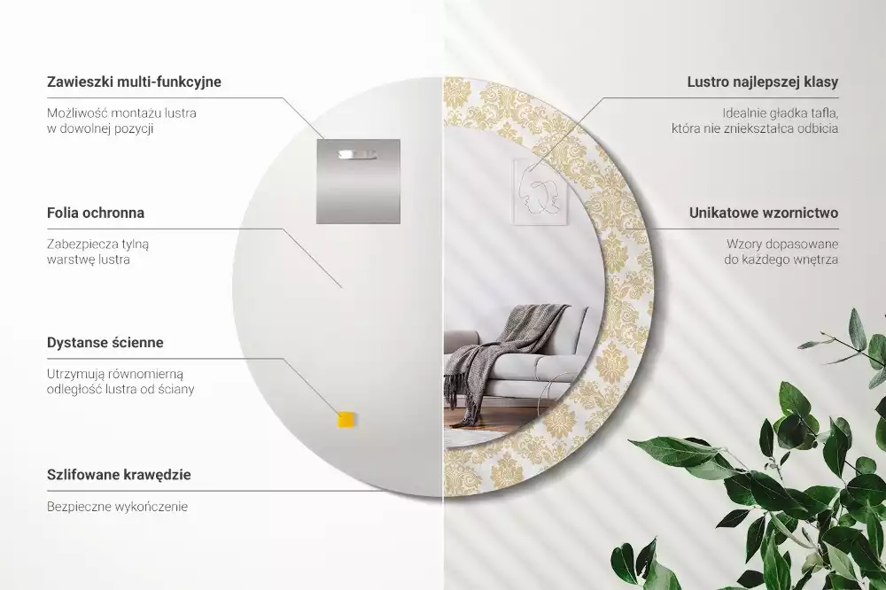 Lustro z okrągłą ramą ozdobioną nadrukiem w barokowym wzorze