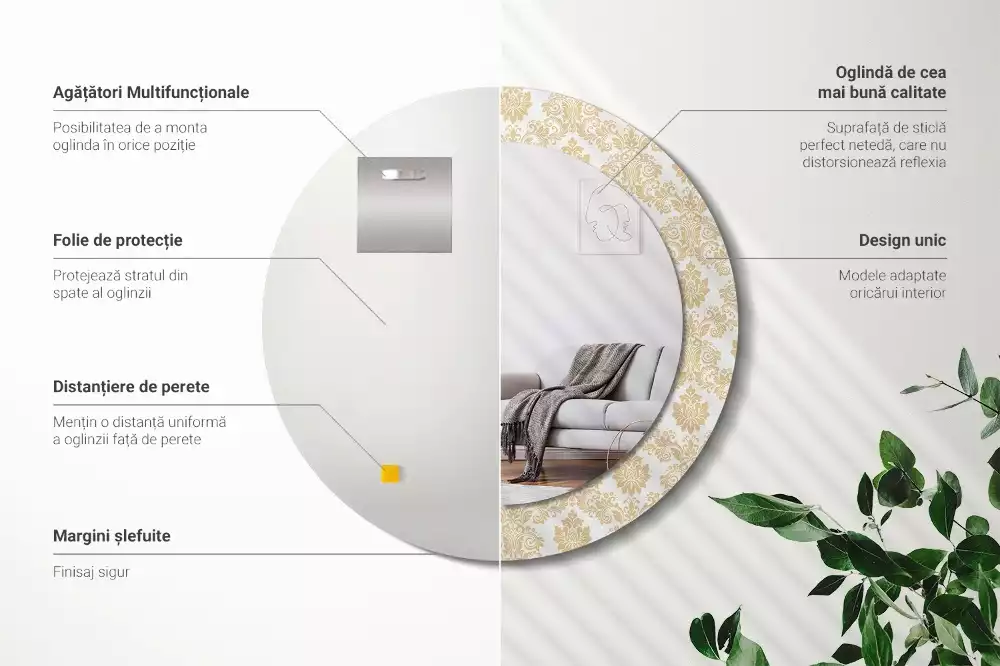 Lustro z okrągłą ramą ozdobioną nadrukiem w barokowym wzorze