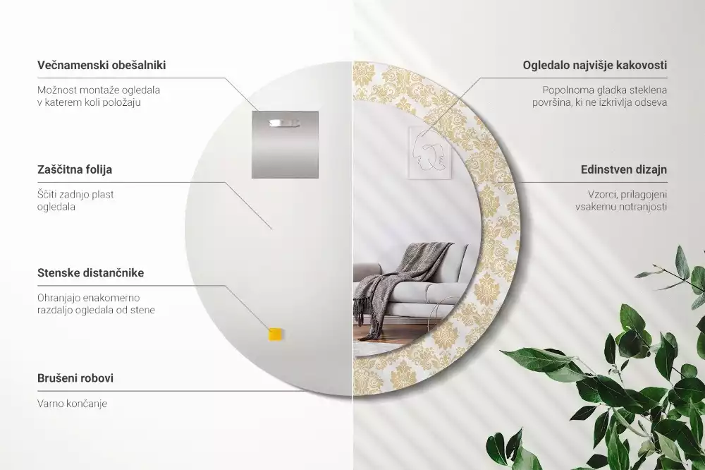 Lustro z okrągłą ramą ozdobioną nadrukiem w barokowym wzorze