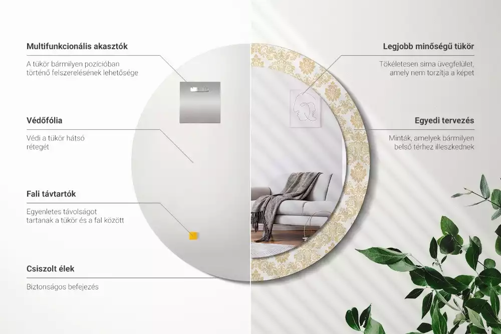 Lustro z okrągłą ramą ozdobioną nadrukiem w barokowym wzorze