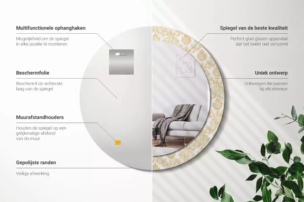 Lustro z okrągłą ramą ozdobioną nadrukiem w barokowym wzorze