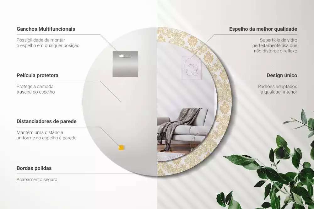 Lustro z okrągłą ramą ozdobioną nadrukiem w barokowym wzorze