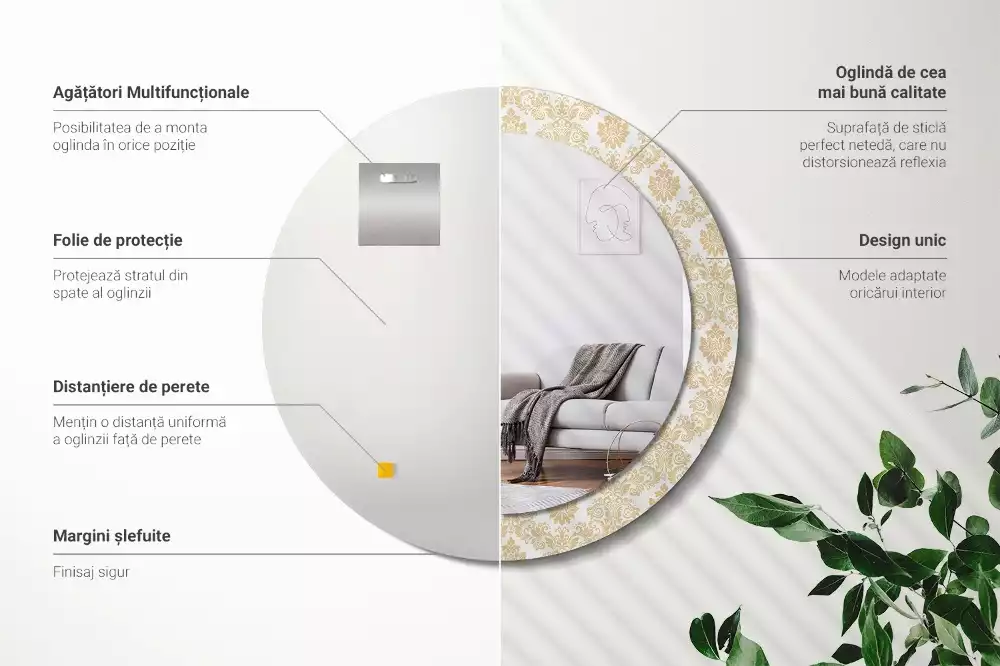 Lustro z okrągłą ramą ozdobioną nadrukiem w barokowym wzorze