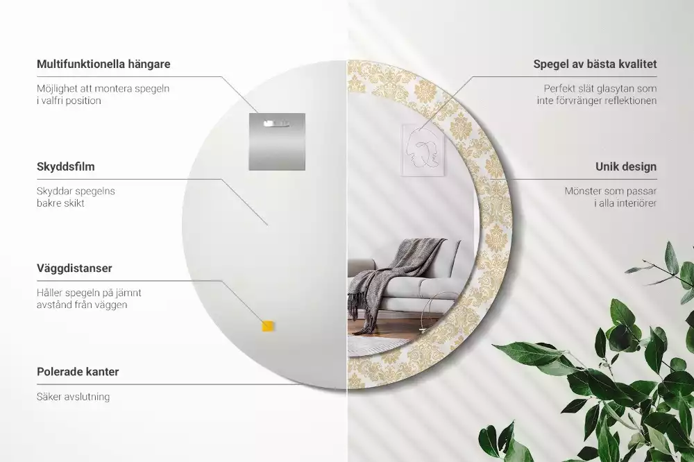 Lustro z okrągłą ramą ozdobioną nadrukiem w barokowym wzorze