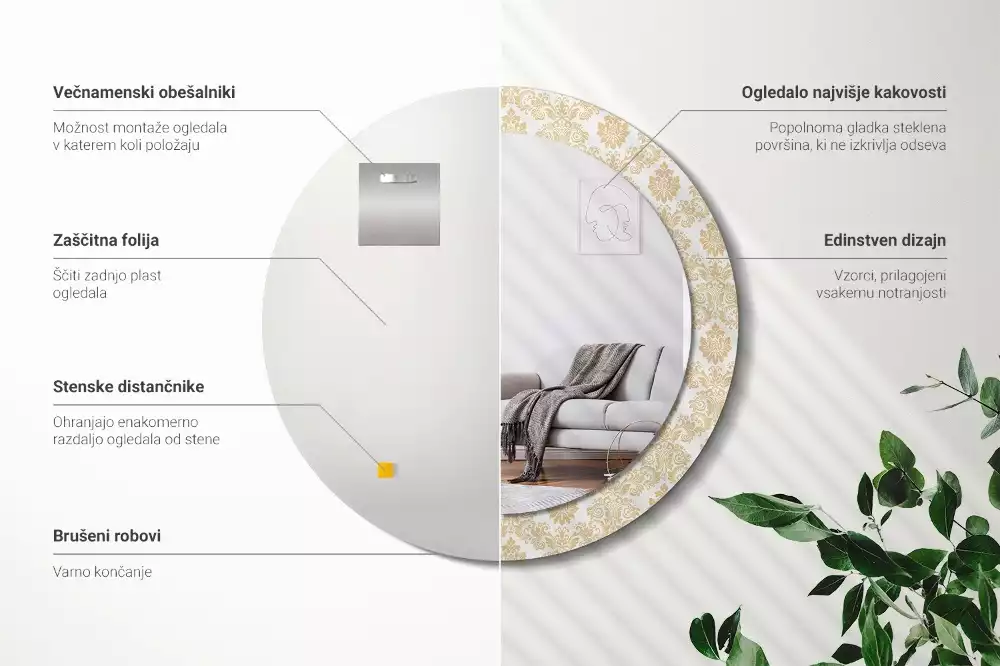 Lustro z okrągłą ramą ozdobioną nadrukiem w barokowym wzorze