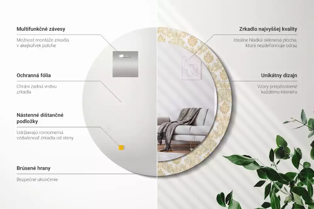 Lustro z okrągłą ramą ozdobioną nadrukiem w barokowym wzorze