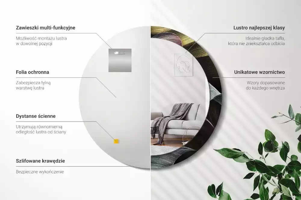 Lustro ścienne dekoracyjne z motywem ciemnych tropikalnych liści