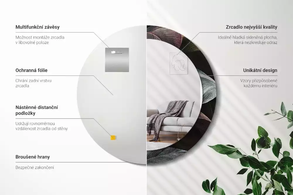 Lustro ścienne dekoracyjne z motywem ciemnych tropikalnych liści