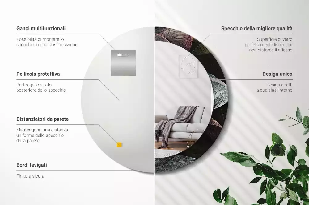 Lustro ścienne dekoracyjne z motywem ciemnych tropikalnych liści