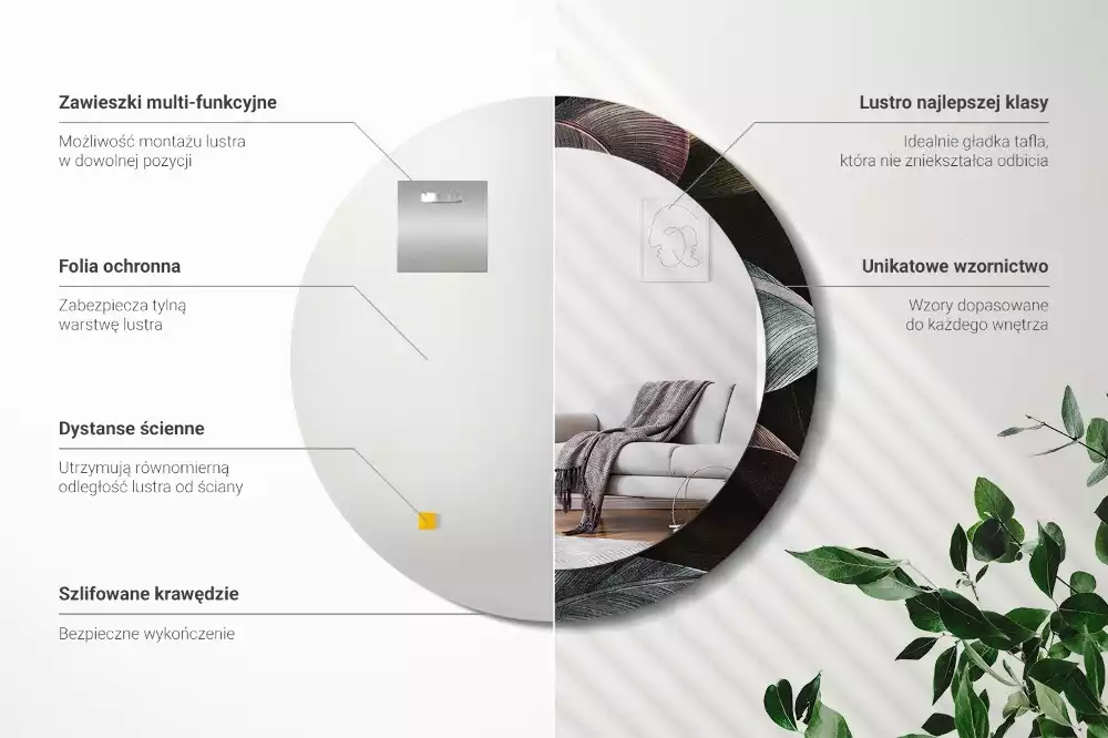 Lustro ścienne dekoracyjne z motywem ciemnych tropikalnych liści