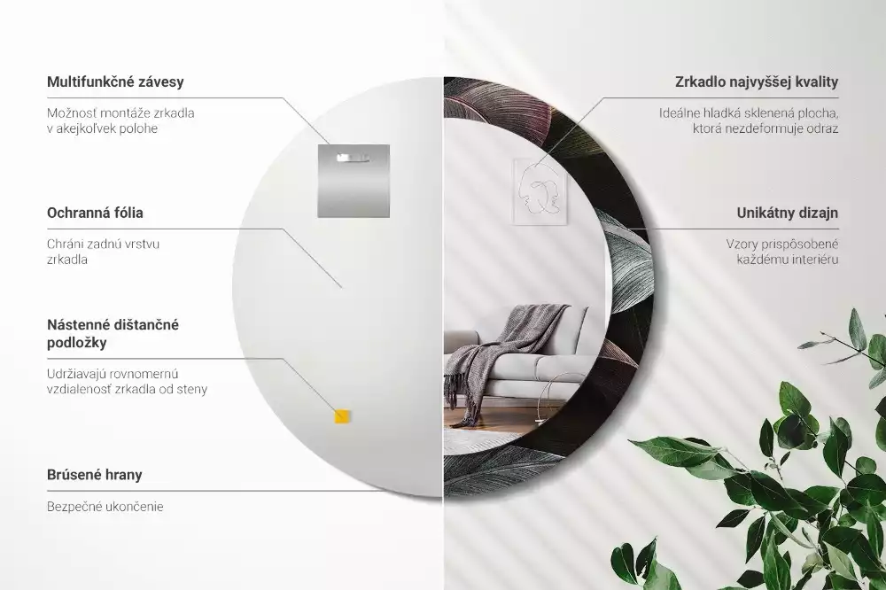 Lustro ścienne dekoracyjne z motywem ciemnych tropikalnych liści