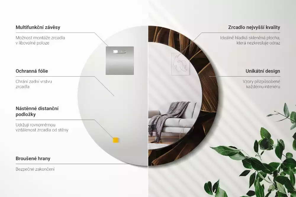 Lustro ścienne dekoracyjne z motywem brązowych liści bananowca