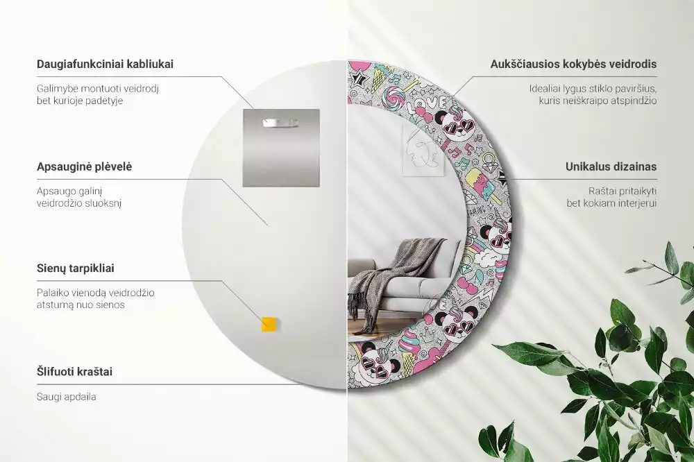 Lustro z okrągłą ramką z nadrukiem przedstawiającym pandę i jednorożca