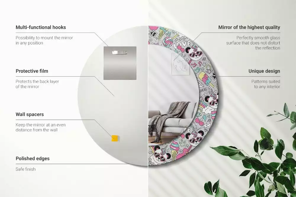 Lustro z okrągłą ramką z nadrukiem przedstawiającym pandę i jednorożca