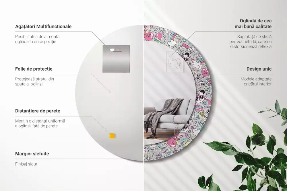 Lustro z okrągłą ramką z nadrukiem przedstawiającym pandę i jednorożca