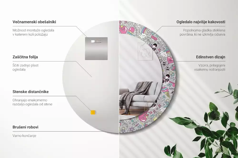 Lustro ramka z nadrukiem okrągłe Panda jednorożec