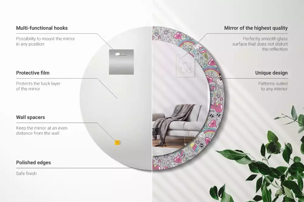 Lustro z okrągłą ramką z nadrukiem przedstawiającym pandę i jednorożca