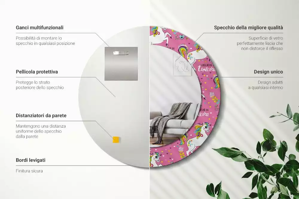 Lustro ramka z nadrukiem okrągłe Magiczny jednorożec