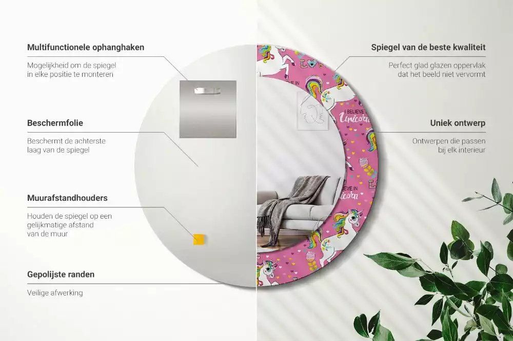 Lustro ramka z nadrukiem okrągłe Magiczny jednorożec