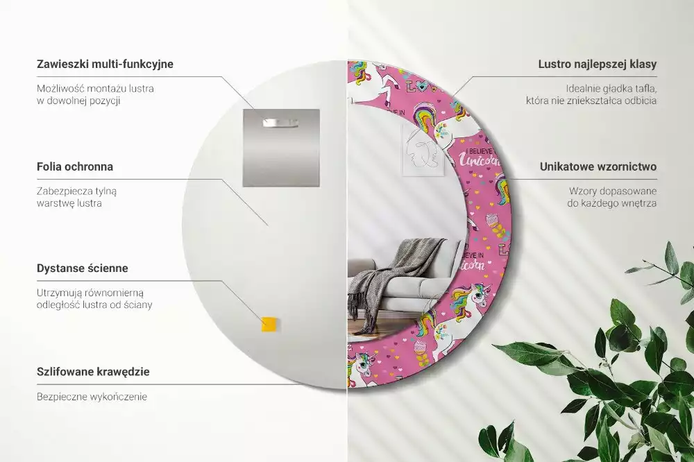 Lustro ramka z nadrukiem okrągłe Magiczny jednorożec