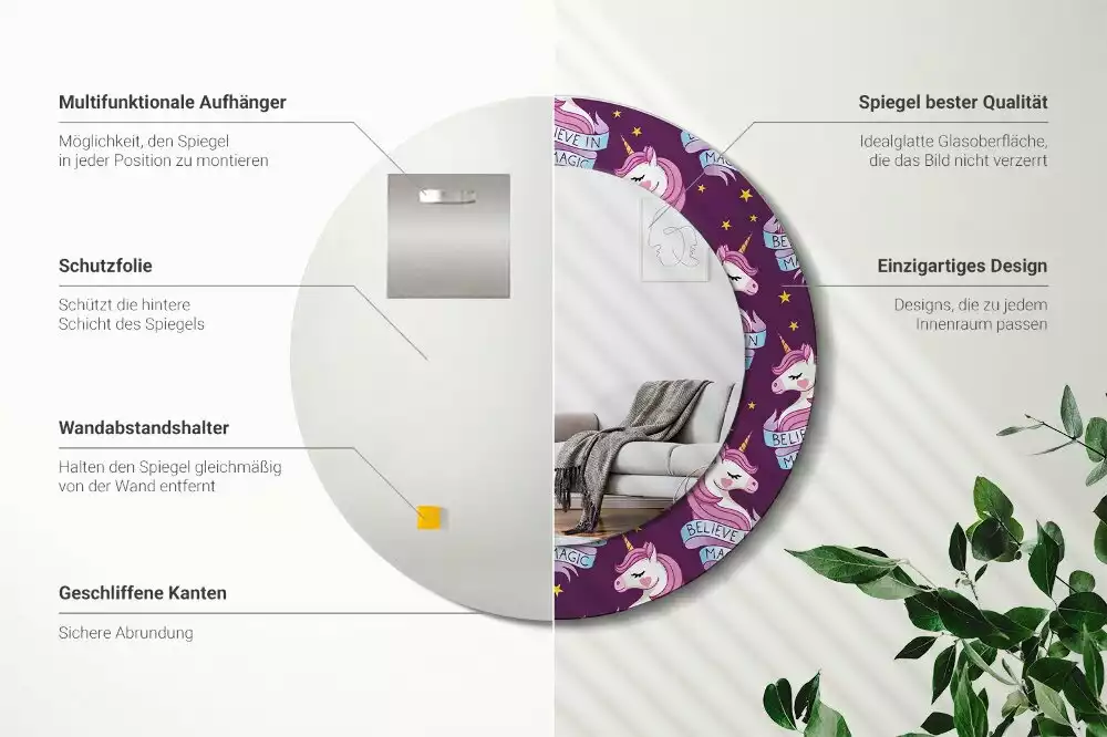 Lustro ścienne dekoracyjne z motywem jednorożca i gwiazd