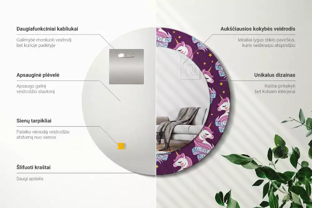 Lustro ścienne dekoracyjne z motywem jednorożca i gwiazd