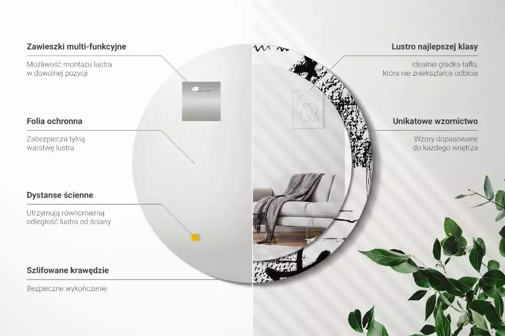 Lustro w okrągłej ramie z nadrukiem w stylu graffiti