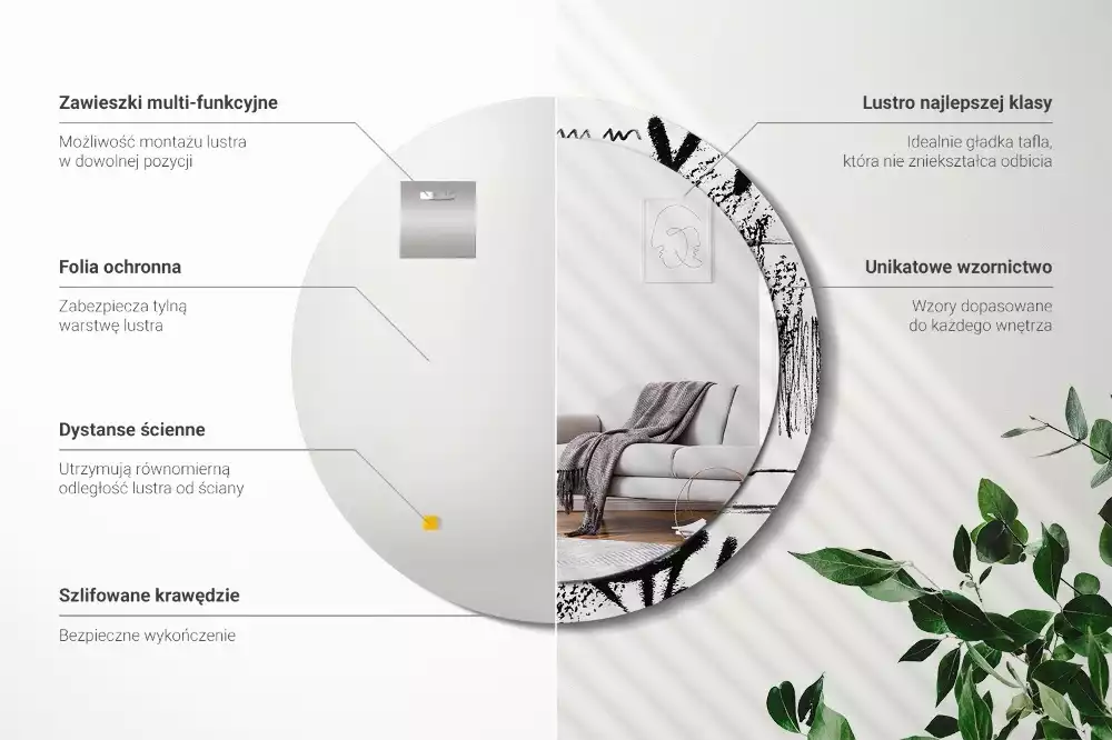 Lustro w okrągłej ramie z nadrukiem w stylu graffiti