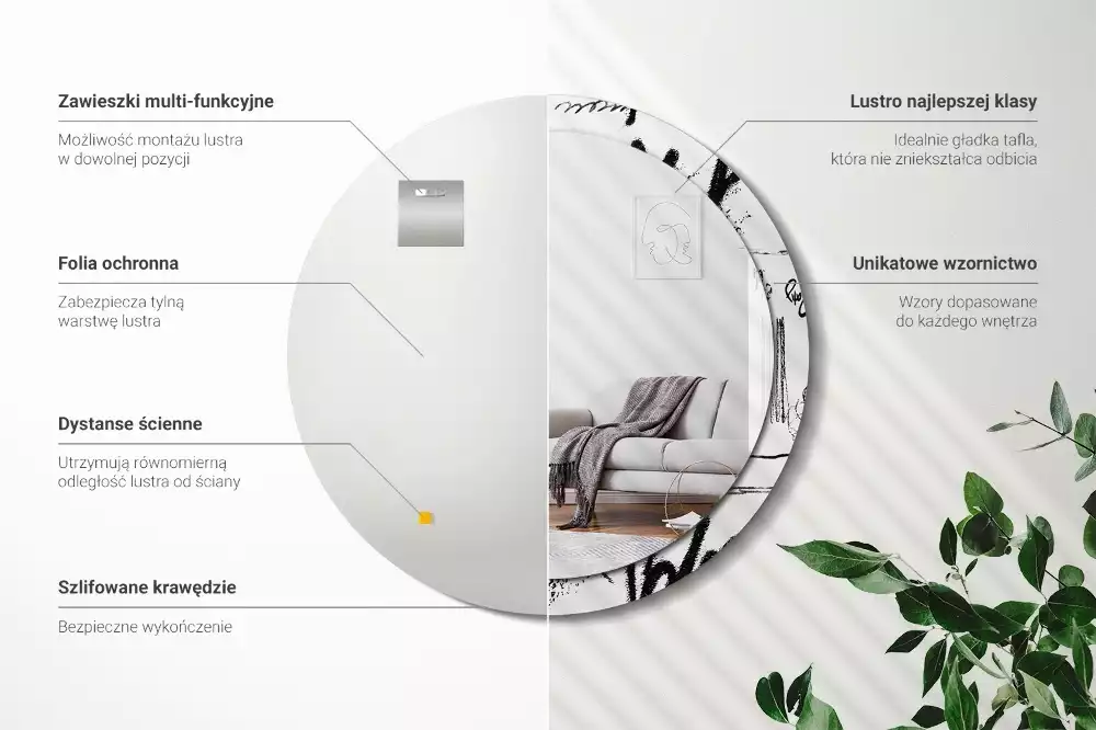 Lustro w okrągłej ramie z nadrukiem w stylu graffiti