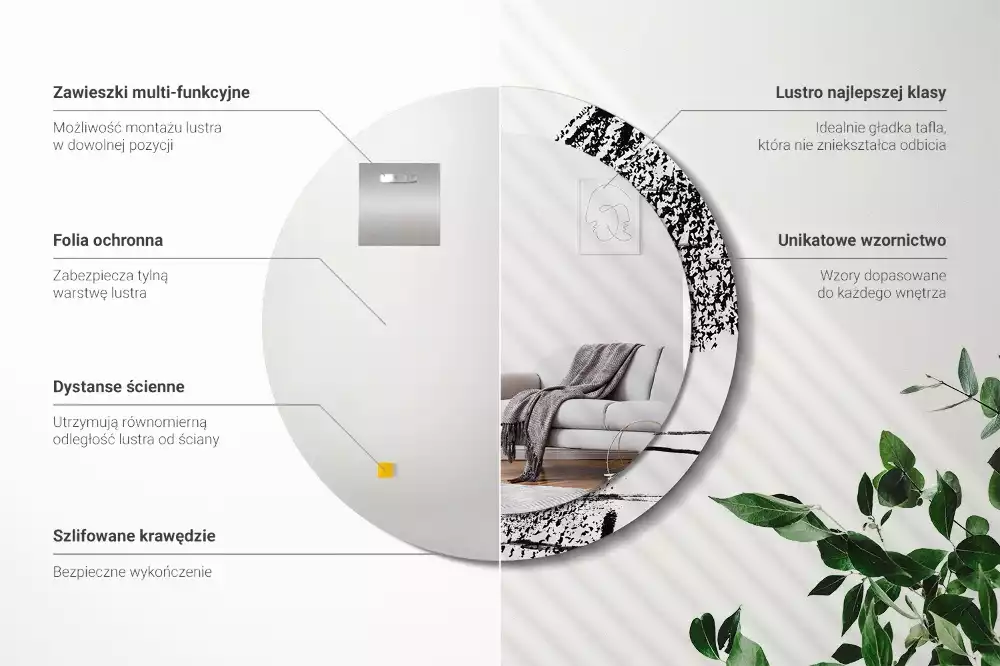 Lustro w okrągłej ramie z nadrukiem w stylu graffiti