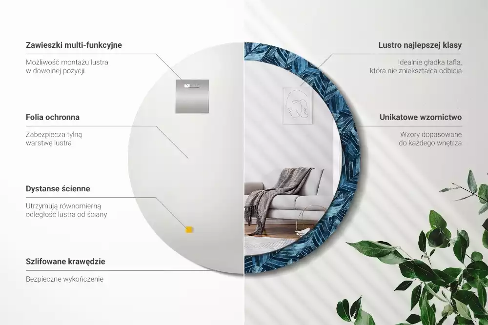 Lustro z drukowaną ramką w motywie liści dżungli