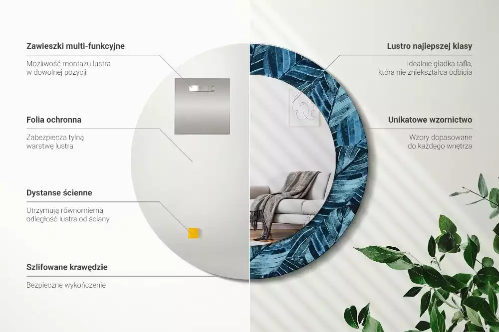 Lustro z drukowaną ramką w motywie liści dżungli