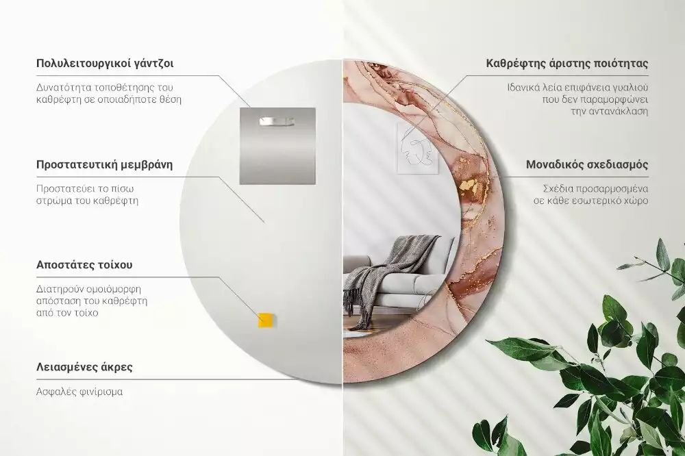 Lustro o okrągłej ramce z drukowanym motywem abstrakcyjnego płynu