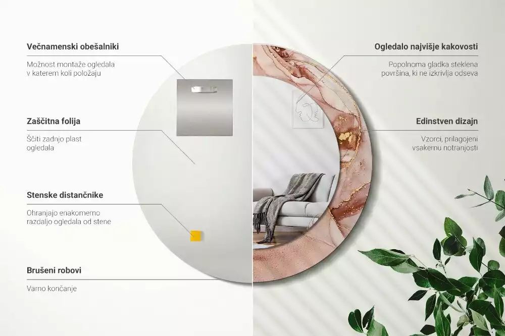 Lustro o okrągłej ramce z drukowanym motywem abstrakcyjnego płynu