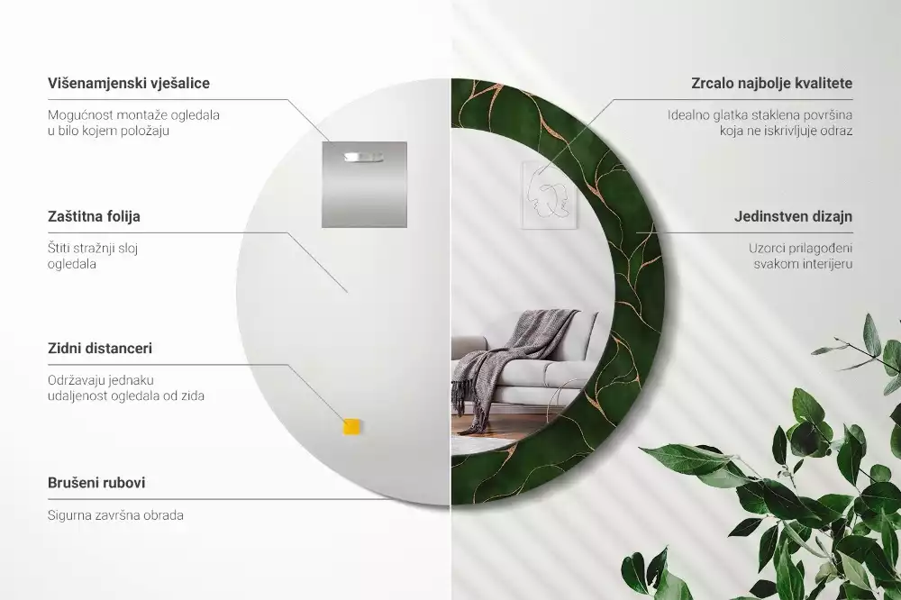 Lustro w ozdobnej ramie z nadrukiem przedstawiającym abstrakcyjny liść