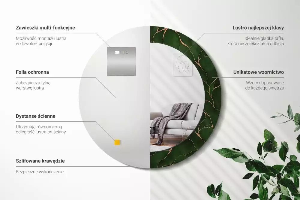 Lustro w ozdobnej ramie z nadrukiem przedstawiającym abstrakcyjny liść