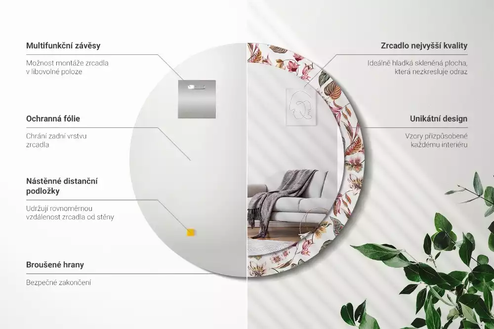 Lustro z ramą z nadrukiem w stylu vintage z motywem kwiatowym w kształcie okręgu