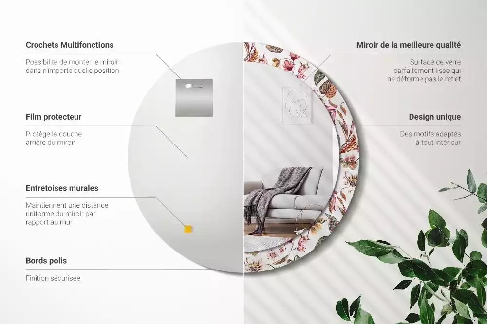 Lustro z ramą z nadrukiem w stylu vintage z motywem kwiatowym w kształcie okręgu