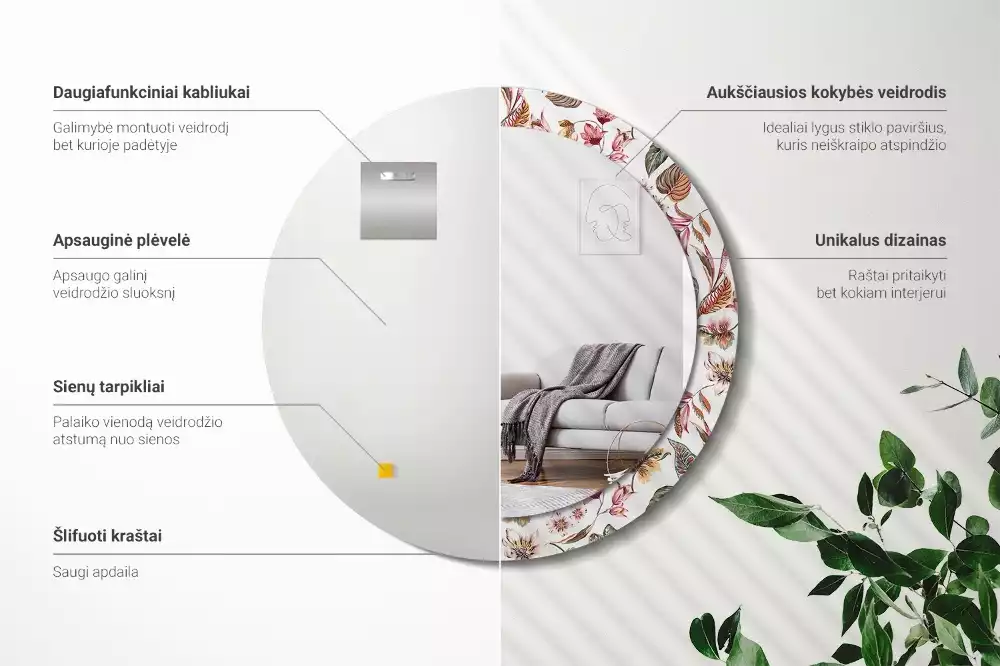 Lustro z ramą z nadrukiem w stylu vintage z motywem kwiatowym w kształcie okręgu