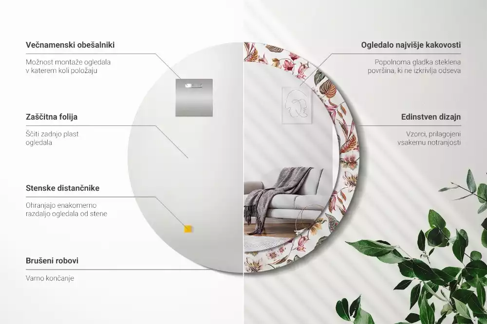 Lustro z ramą z nadrukiem w stylu vintage z motywem kwiatowym w kształcie okręgu