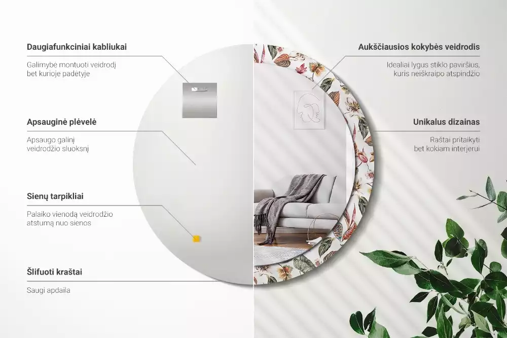 Lustro z ramą z nadrukiem w stylu vintage z motywem kwiatowym w kształcie okręgu