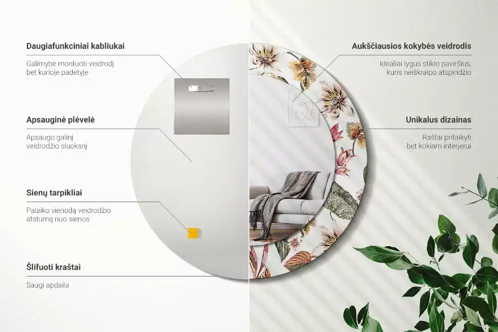 Lustro z ramą z nadrukiem w stylu vintage z motywem kwiatowym w kształcie okręgu