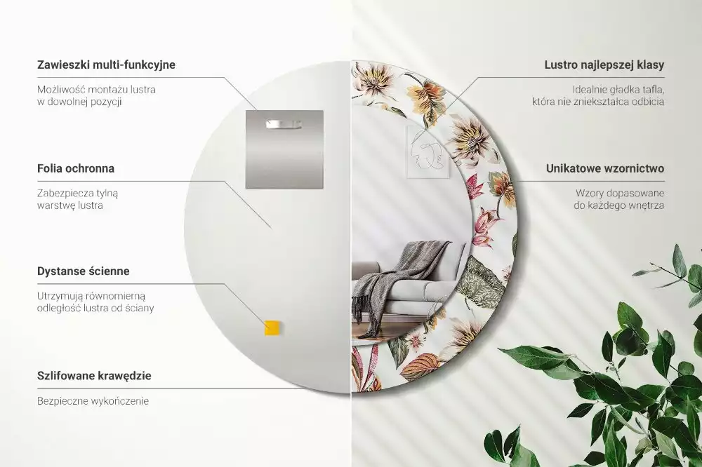 Lustro z ramą z nadrukiem w stylu vintage z motywem kwiatowym w kształcie okręgu