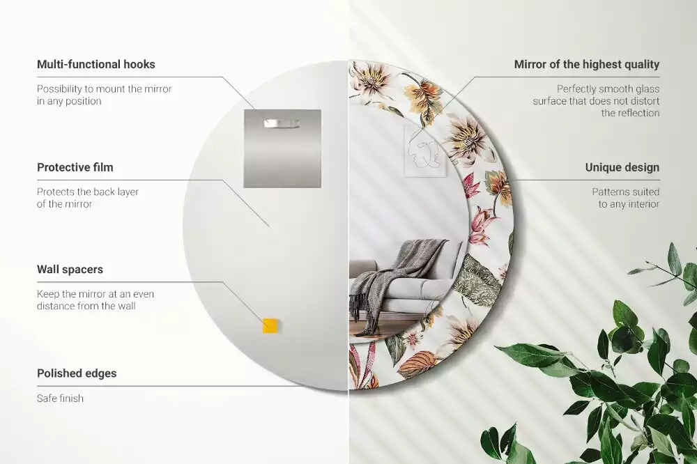 Lustro z ramą z nadrukiem w stylu vintage z motywem kwiatowym w kształcie okręgu