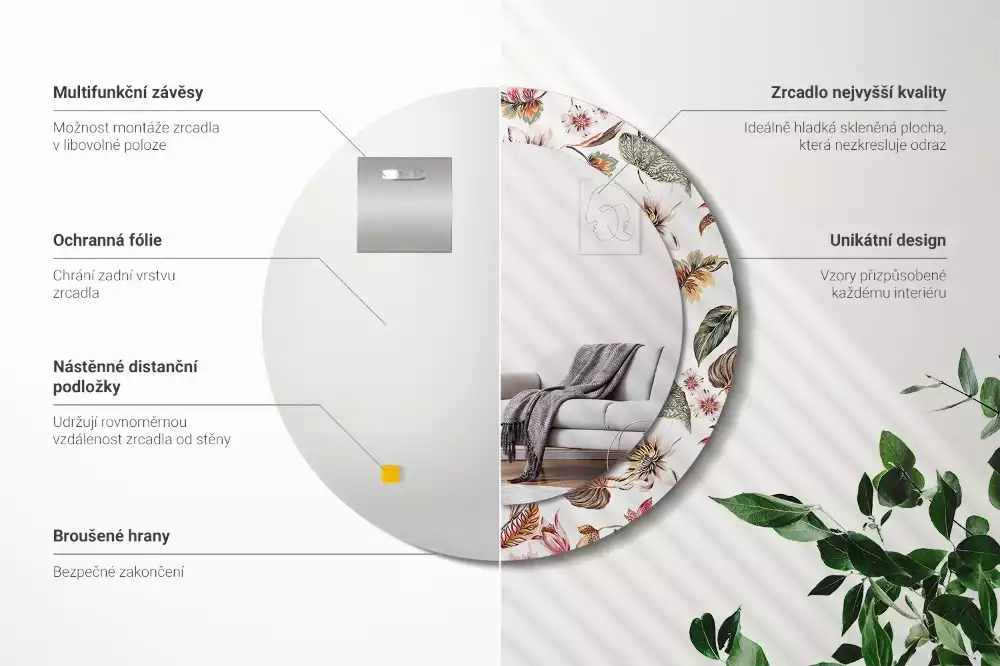 Lustro z ramą z nadrukiem w stylu vintage z motywem kwiatowym w kształcie okręgu