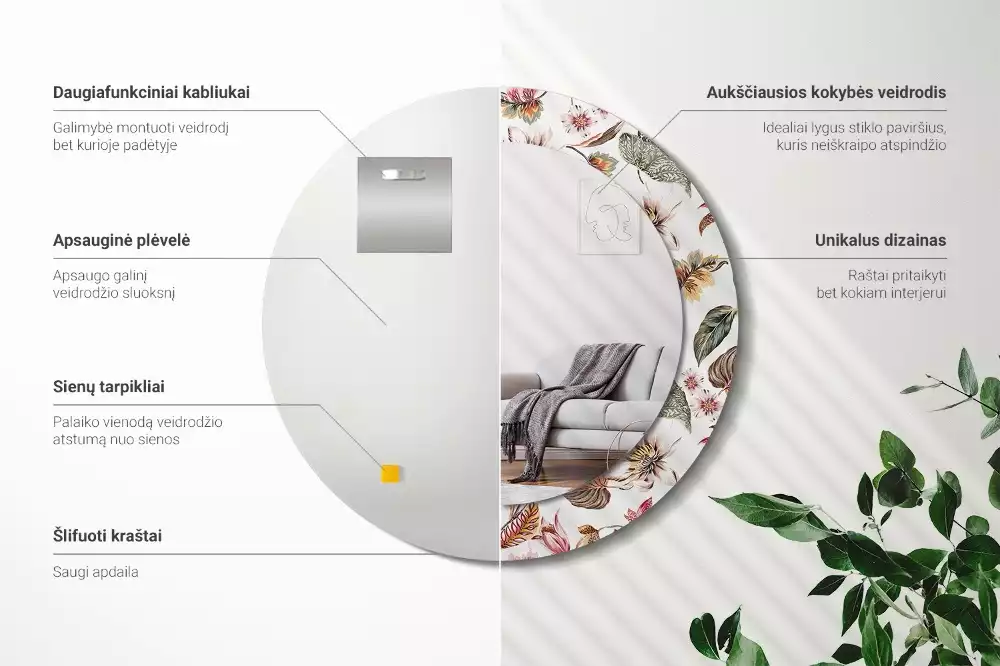 Lustro z ramą z nadrukiem w stylu vintage z motywem kwiatowym w kształcie okręgu