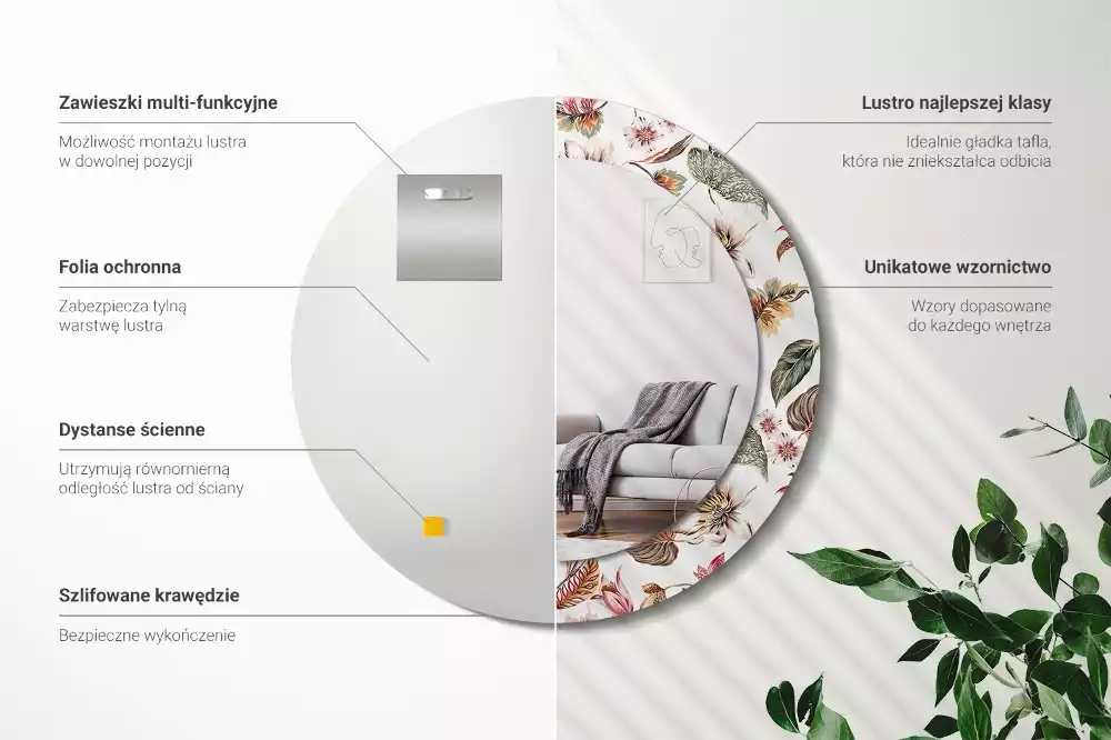 Lustro z ramą z nadrukiem w stylu vintage z motywem kwiatowym w kształcie okręgu